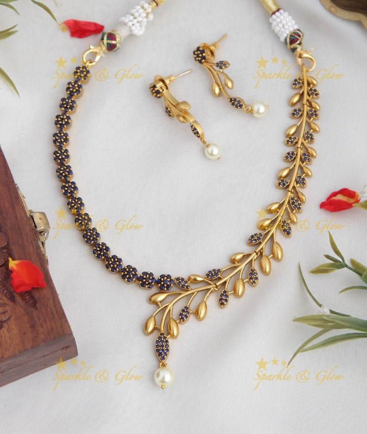 Premium matte statement American Diamond floral necklace - Green - Sparkle and Glow - Blue - Back Thread
