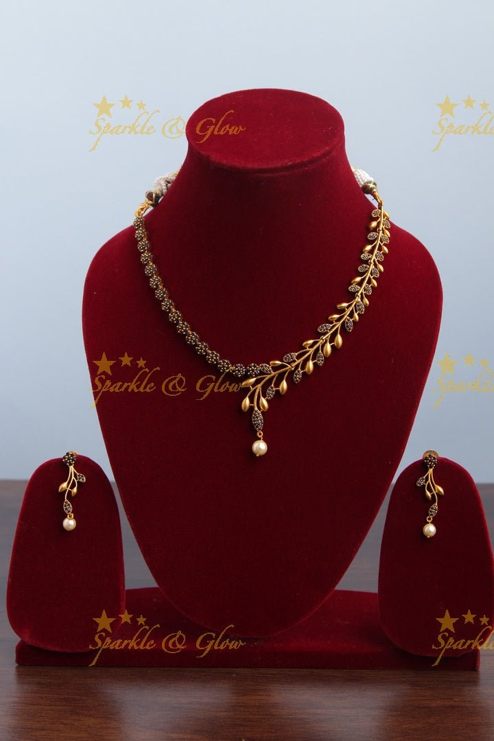 Premium matte statement American Diamond floral necklace - Green - Sparkle and Glow - Multi - Back Thread