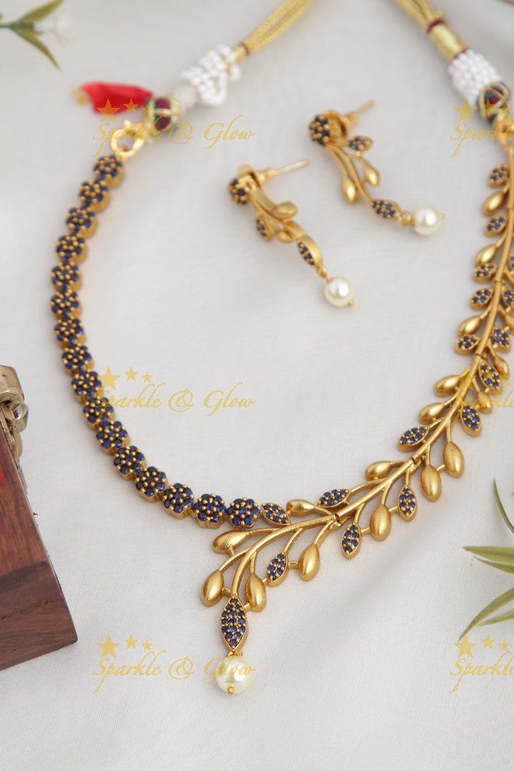 Premium matte statement American Diamond floral necklace - Green - Sparkle and Glow - Multi - Back Thread