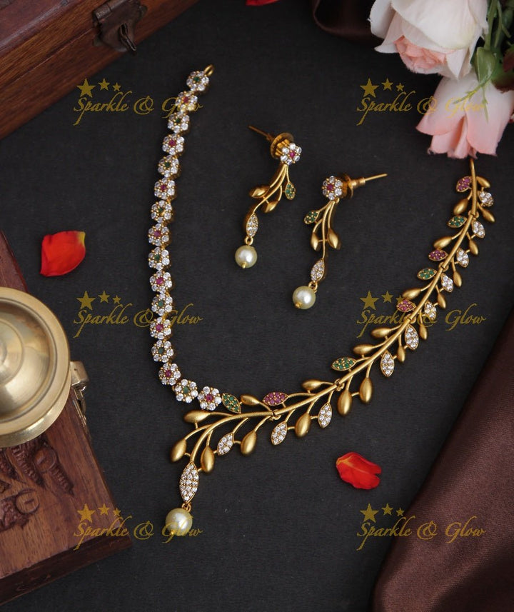Premium matte statement American Diamond floral necklace - Green - Sparkle and Glow - Multi - Back Thread