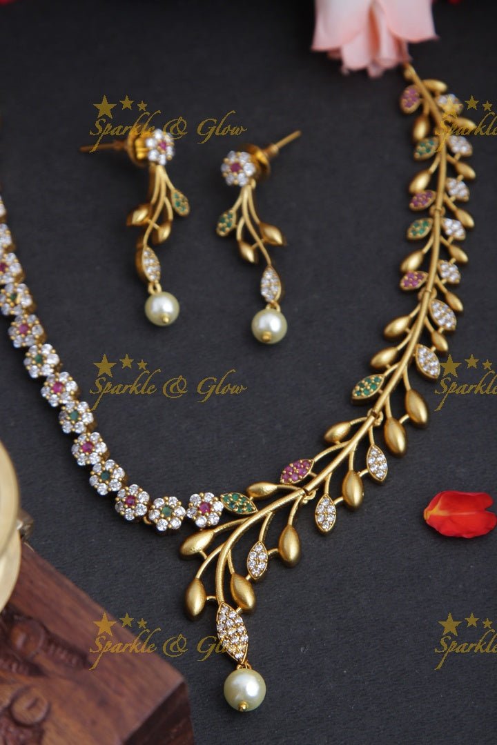 Premium matte statement American Diamond floral necklace - Green - Sparkle and Glow - Blue - Back Thread