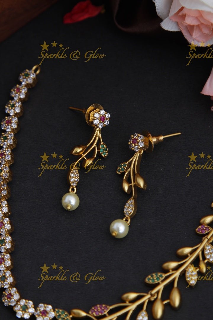 Premium matte statement American Diamond floral necklace - Green - Sparkle and Glow - Pink Green - Back Thread