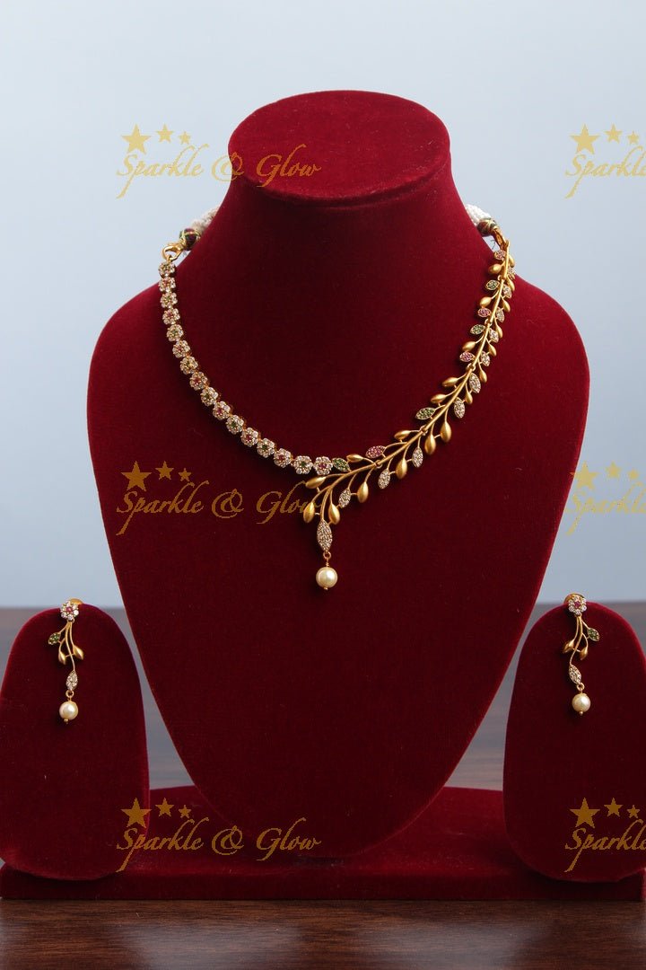 Premium matte statement American Diamond floral necklace - Green - Sparkle and Glow - Blue - Back Thread