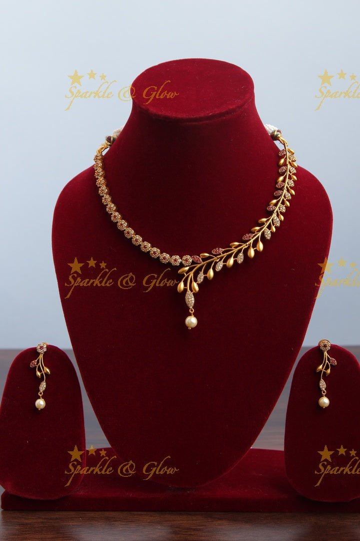 Premium matte statement American Diamond floral necklace - Green - Sparkle and Glow - Green - Back Thread