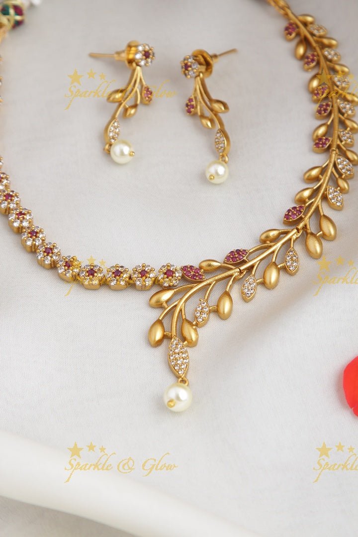 Premium matte statement American Diamond floral necklace - Green - Sparkle and Glow - White - Back Thread