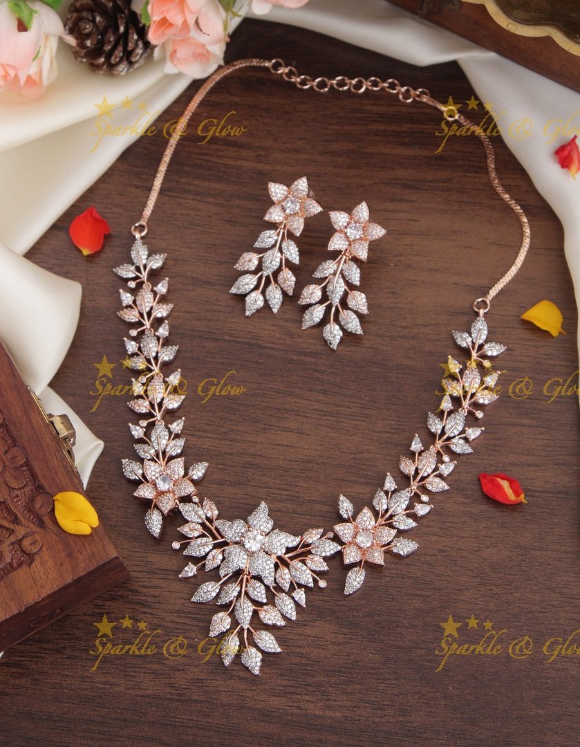 Rose Gold AD floral short necklace - Pink - Sparkle and Glow - White - Back Thread