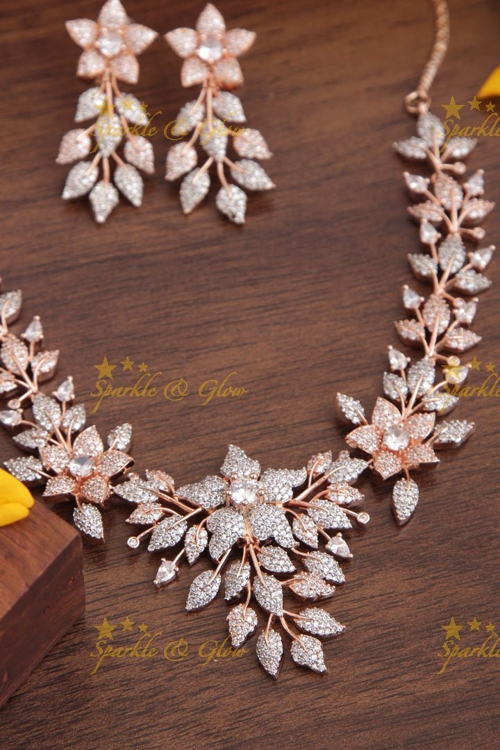 Rose Gold AD floral short necklace - Pink - Sparkle and Glow - White - Back Thread