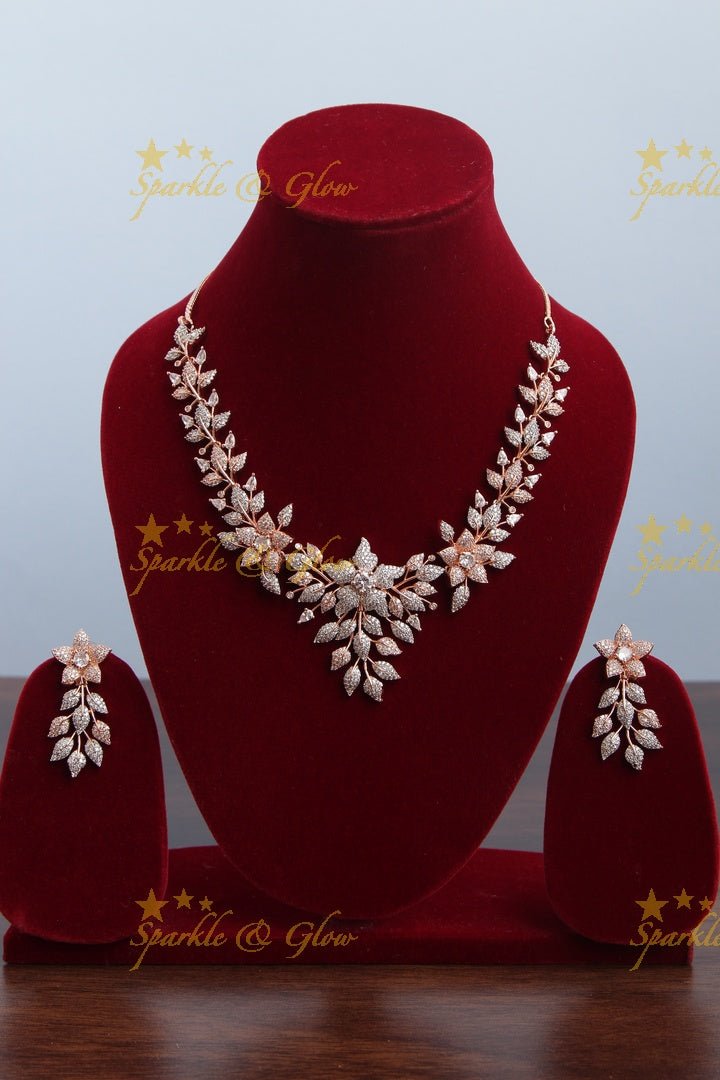Rose Gold AD floral short necklace - Pink - Sparkle and Glow - White - Back Thread