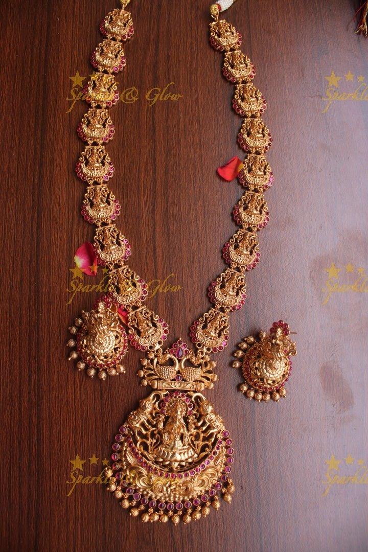 Real kemp stones premium quality matte elegant lakshmi haram - Pink Gold - Sparkle and Glow