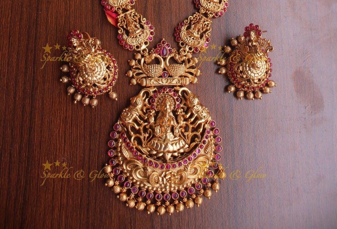 Real kemp stones premium quality matte elegant lakshmi haram - Pink Gold - Sparkle and Glow