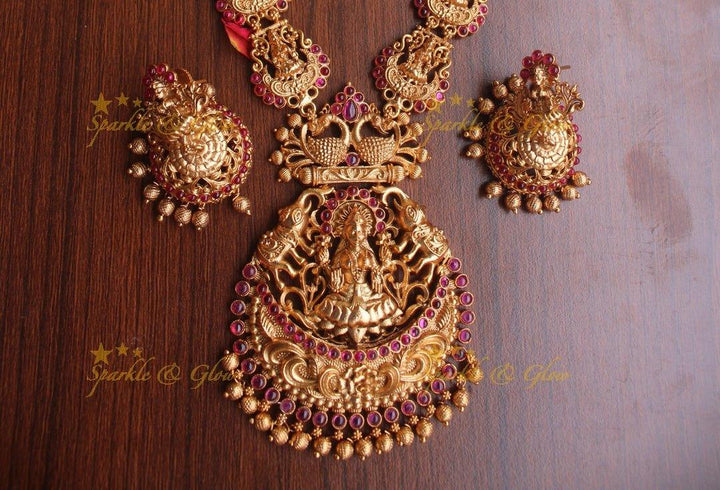 Real kemp stones premium quality matte elegant lakshmi haram - Pink Gold - Sparkle and Glow
