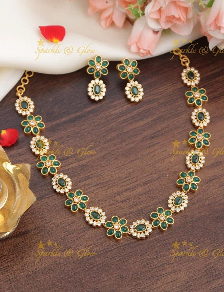 Premium Matt Floral Kemp and CZ stones short Necklace - Green - Sparkle and Glow