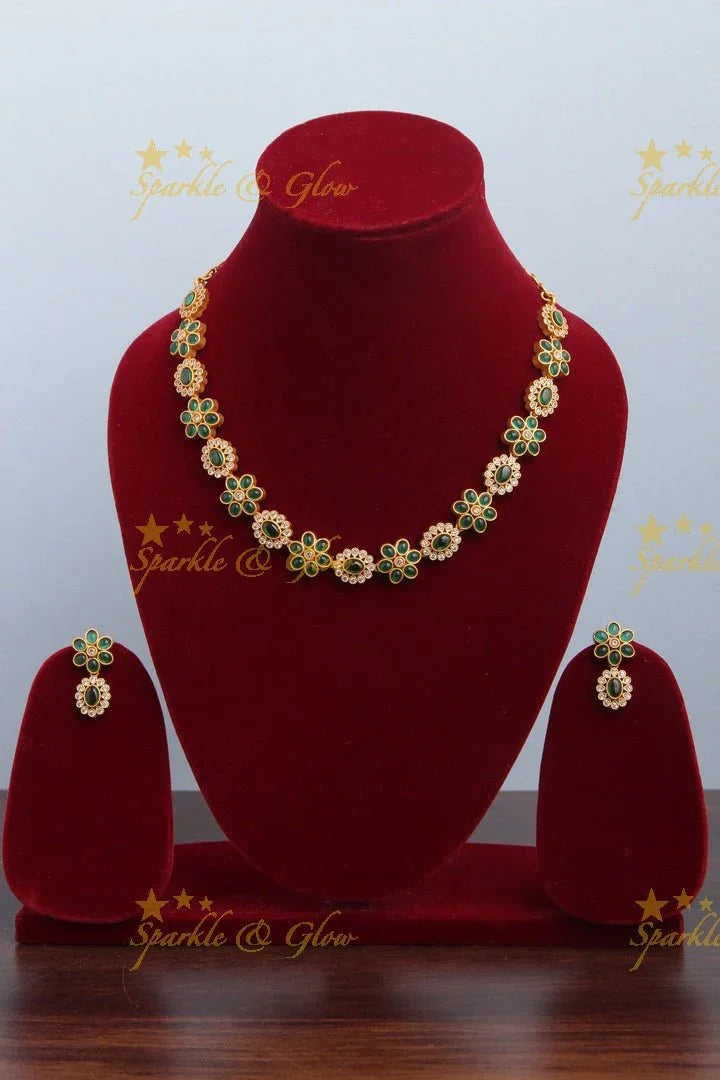 Premium Matt Floral Kemp and CZ stones short Necklace - Green - Sparkle and Glow
