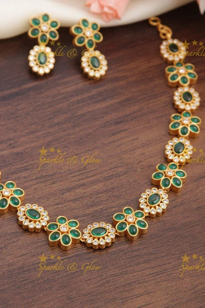 Premium Matt Floral Kemp and CZ stones short Necklace - Green - Sparkle and Glow