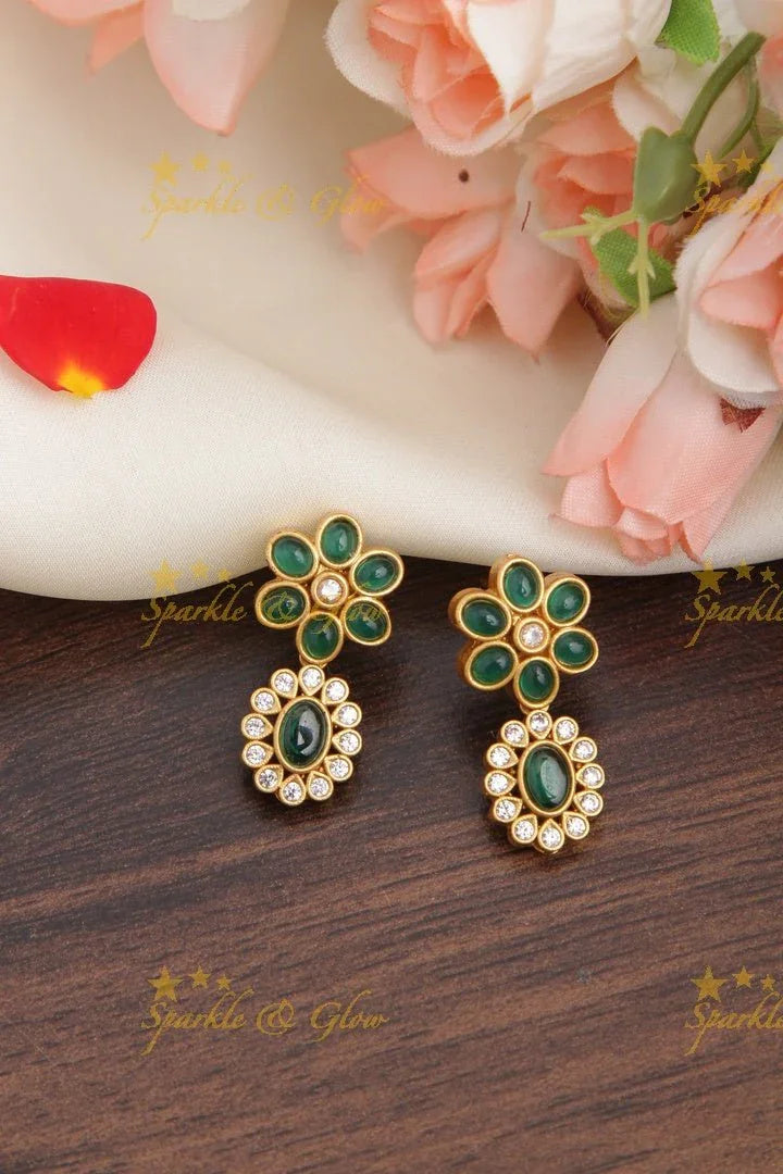 Premium Matt Floral Kemp and CZ stones short Necklace - Green - Sparkle and Glow