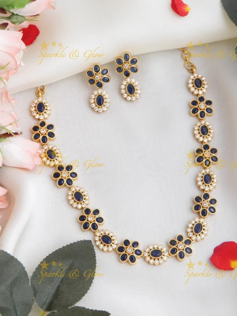 Premium Matt Floral Kemp and CZ stones short Necklace - Green - Sparkle and Glow