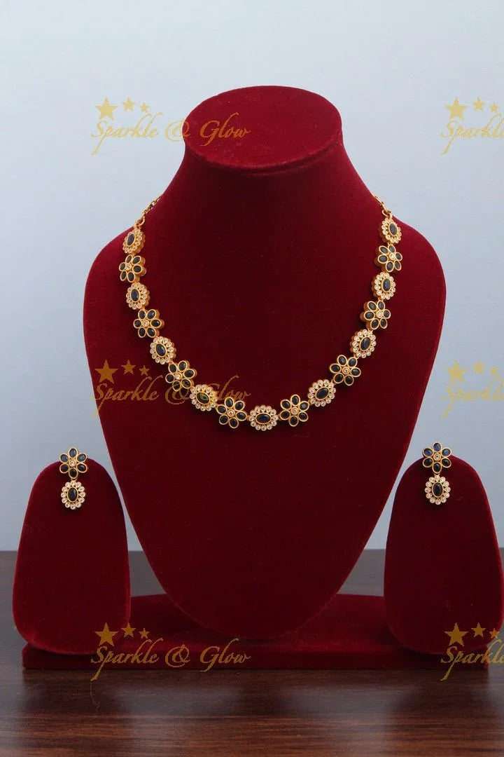 Premium Matt Floral Kemp and CZ stones short Necklace - Green - Sparkle and Glow