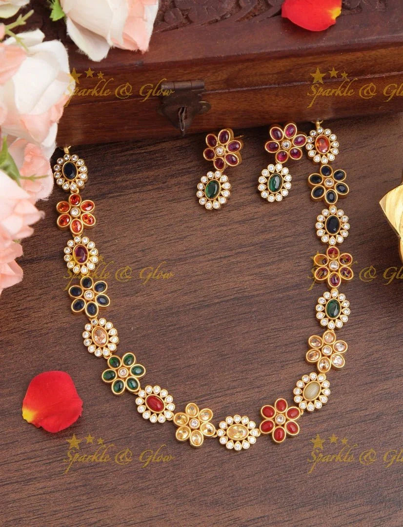 Premium Matt Floral Kemp and CZ stones short Necklace - Green - Sparkle and Glow