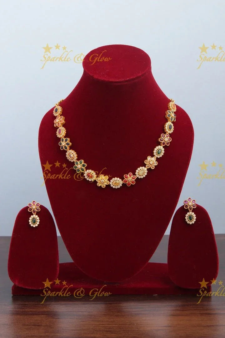 Premium Matt Floral Kemp and CZ stones short Necklace - Green - Sparkle and Glow