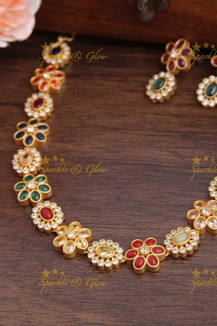 Premium Matt Floral Kemp and CZ stones short Necklace - Green - Sparkle and Glow