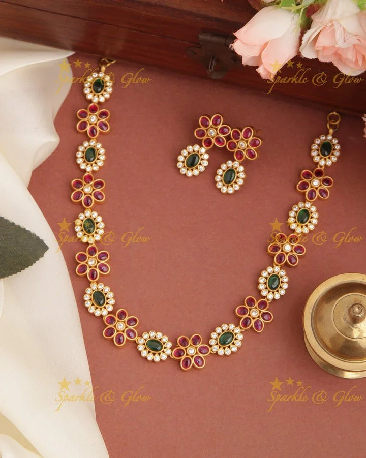 Premium Matt Floral Kemp and CZ stones short Necklace - Green - Sparkle and Glow