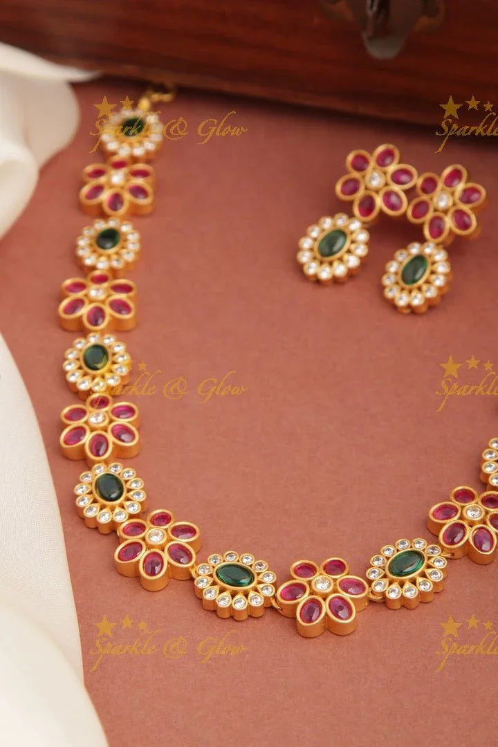 Premium Matt Floral Kemp and CZ stones short Necklace - Green - Sparkle and Glow