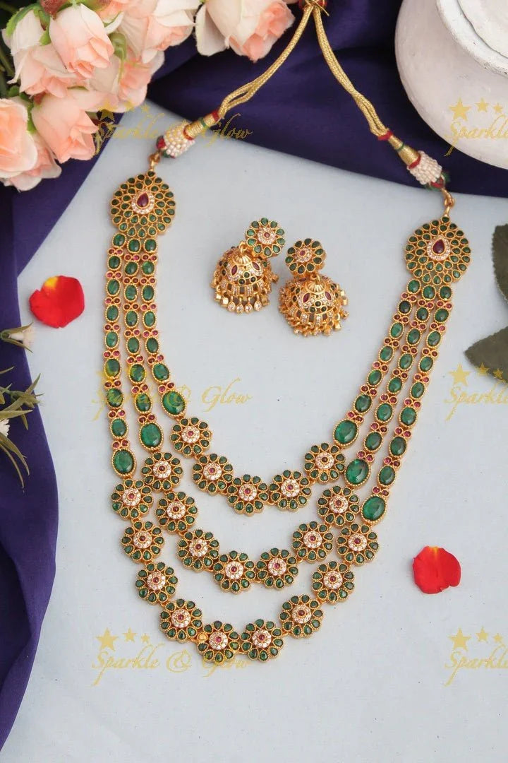Premium Matt Three Layered Floral Kemp Long Necklace - Green - Sparkle and Glow