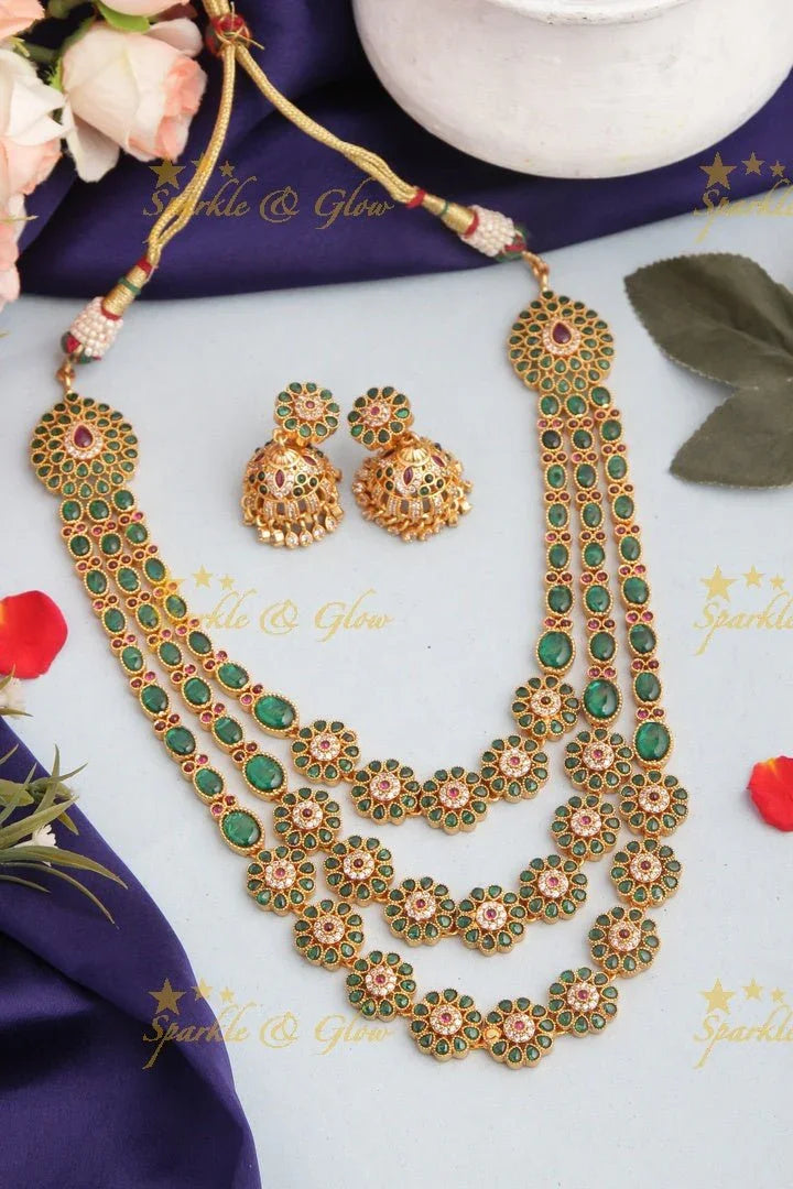 Premium Matt Three Layered Floral Kemp Long Necklace - Green - Sparkle and Glow