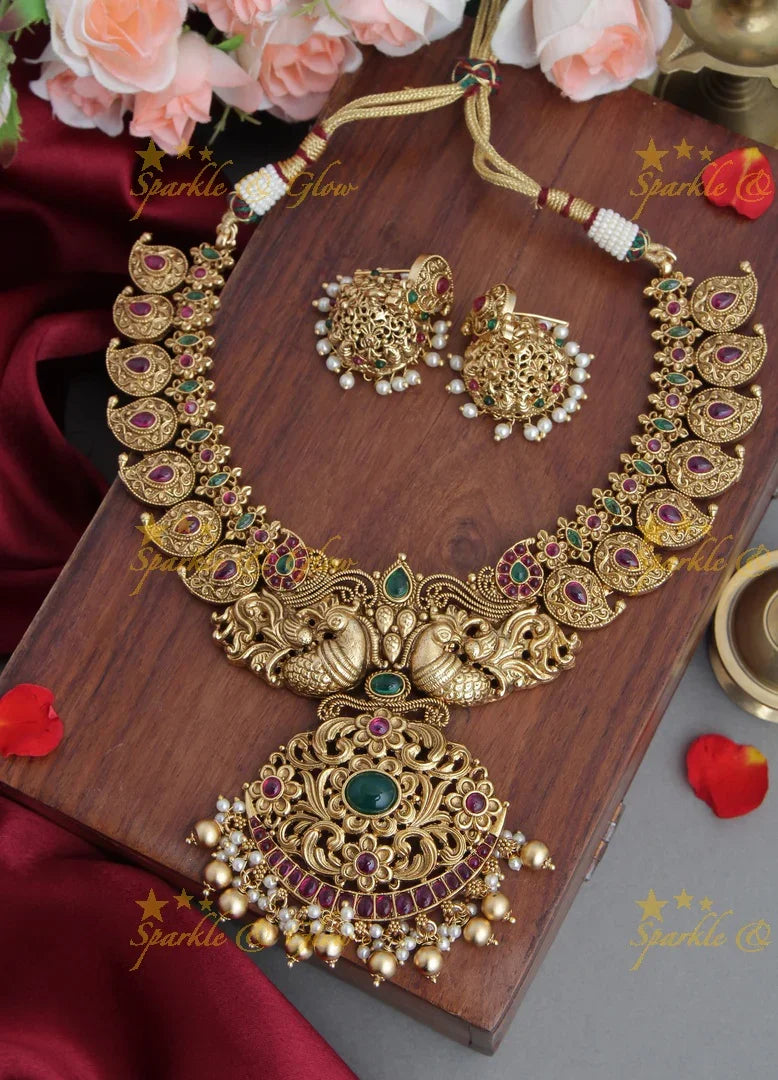 Gold Alike Peacock Mango Kemp Necklace - Sparkle and Glow
