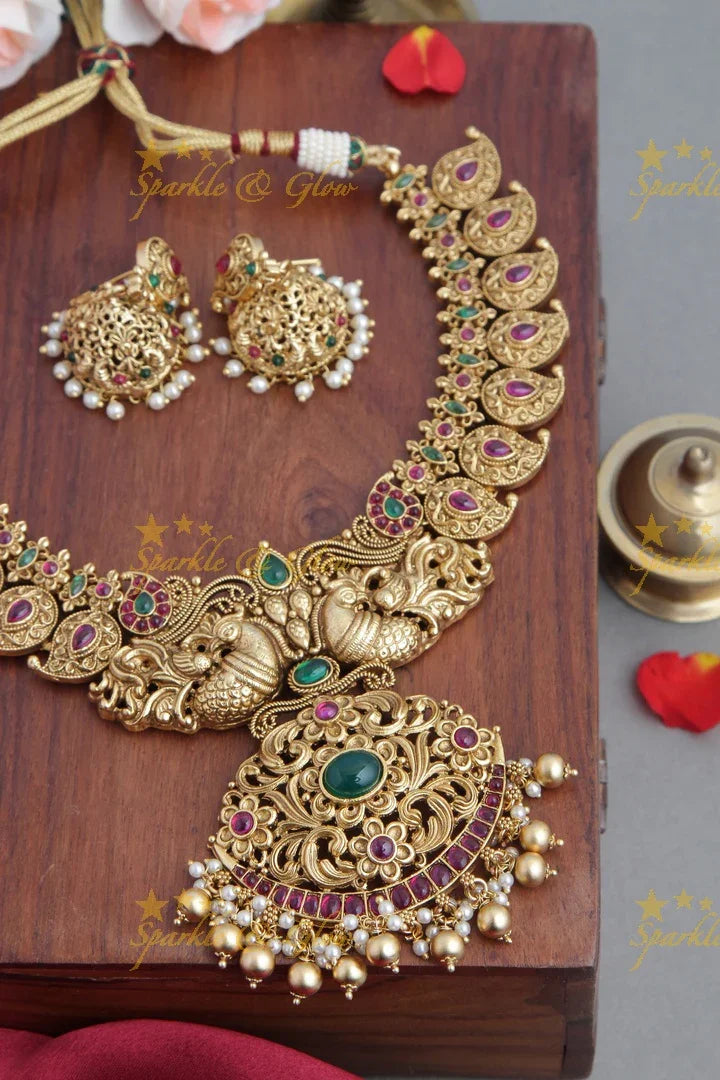 Gold Alike Peacock Mango Kemp Necklace - Sparkle and Glow