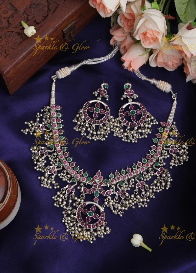Premium matte silver beads gutta pusalu Short Necklace - Sparkle and Glow