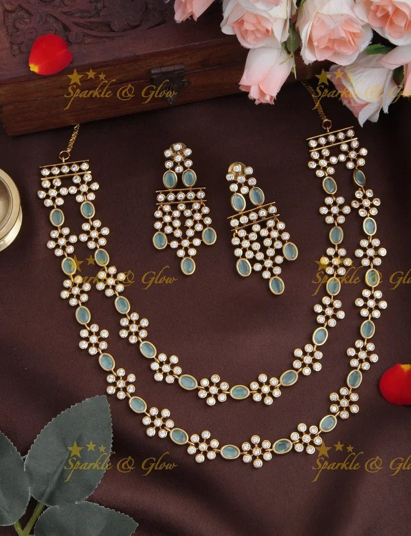 Beautiful Two Layered Gold Alike Floral Kemp Short Necklace - Mint Green - Sparkle and Glow