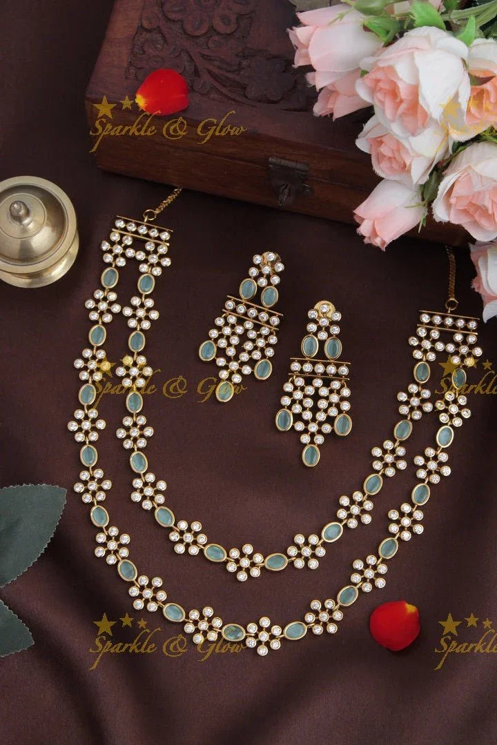 Beautiful Two Layered Gold Alike Floral Kemp Short Necklace - Mint Green - Sparkle and Glow