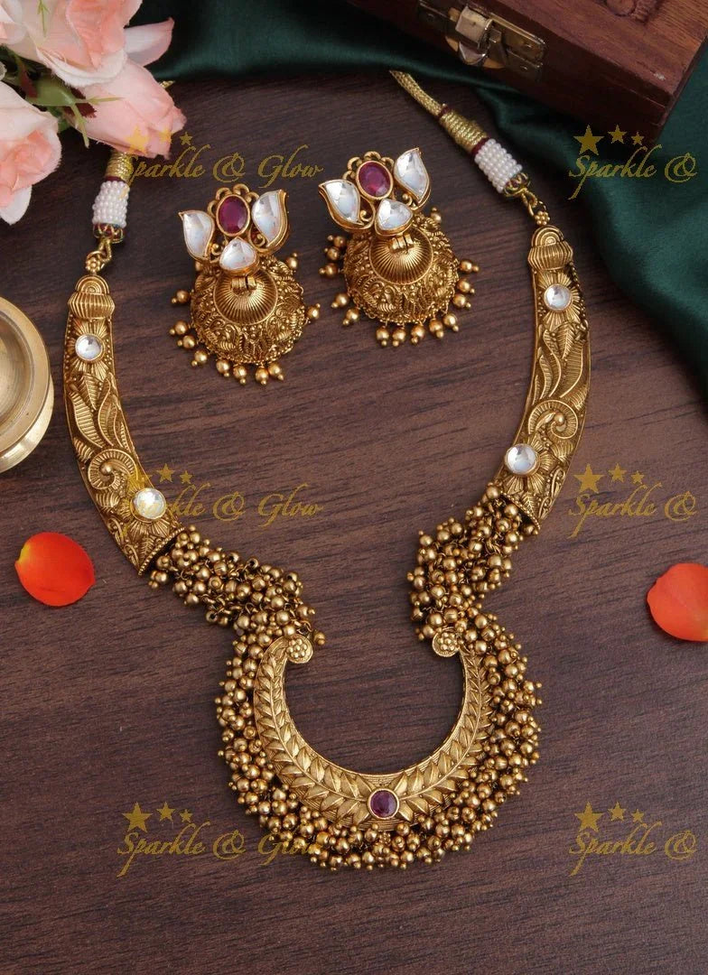 Gold Alike Intricately carved Half Moon Pearl Short Necklace - Sparkle and Glow