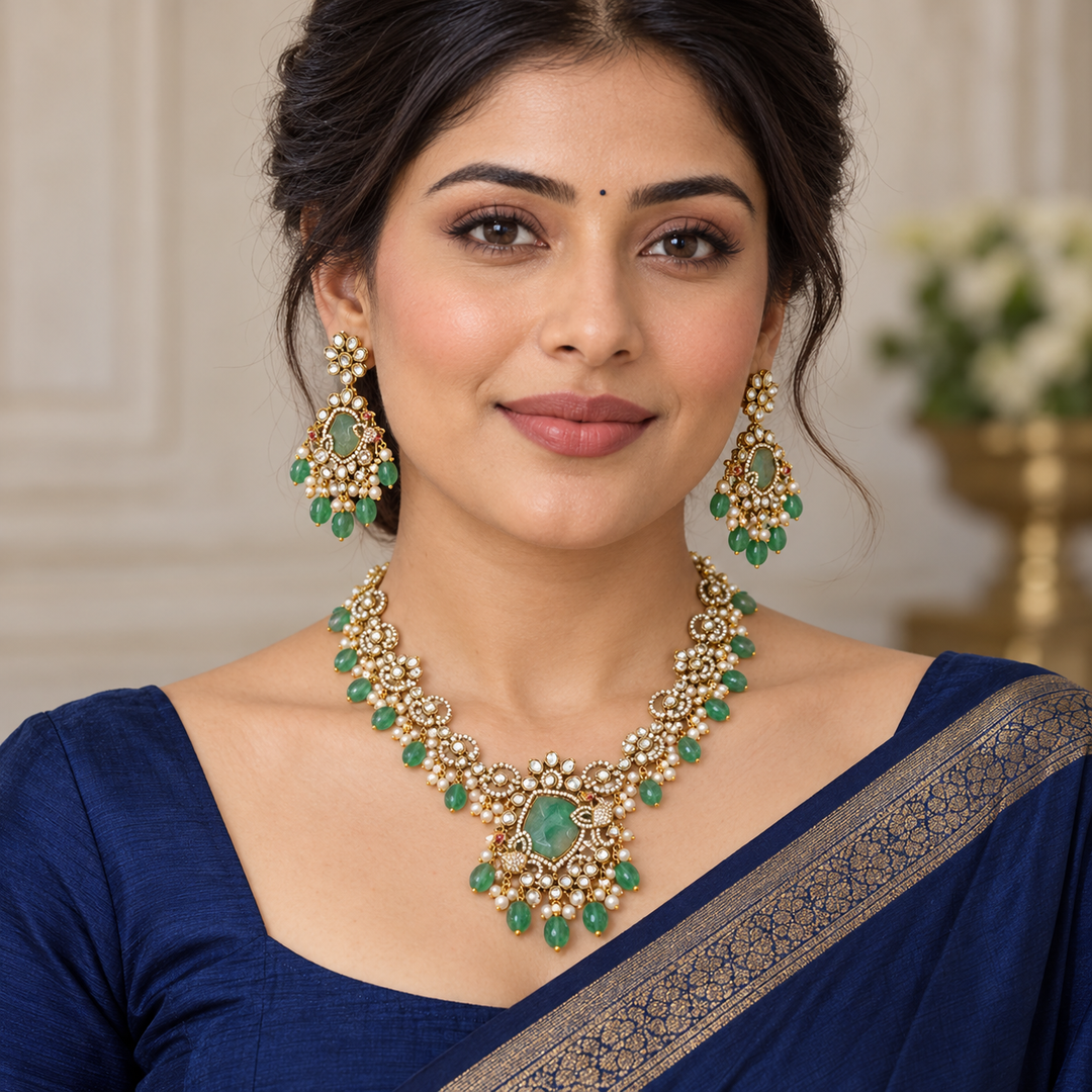 Victorian Floral Kundan Necklace Set - Timeless Elegance