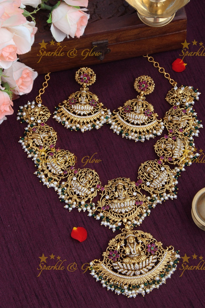 Gold Alike Elegant Lakshmi Gutta pusalu Short Necklace with Green and Pearl beads