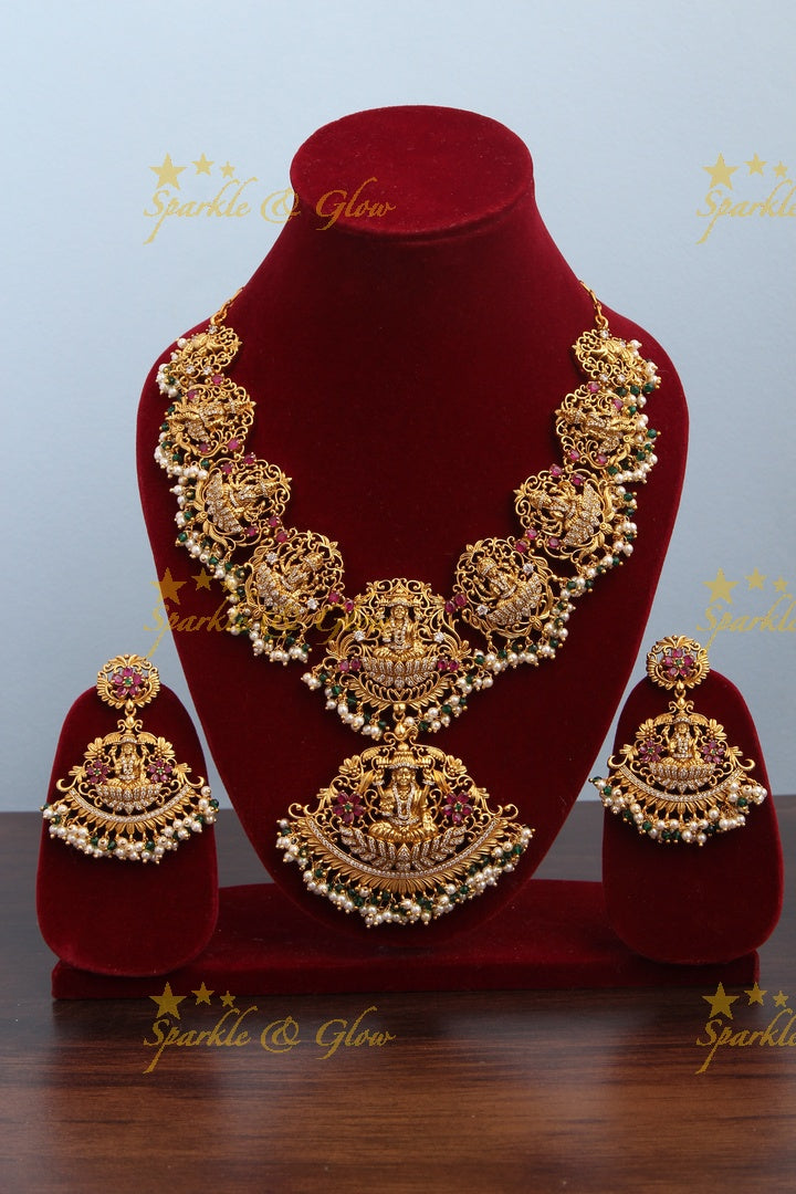Gold Alike Elegant Lakshmi Gutta pusalu Short Necklace with Green and Pearl beads