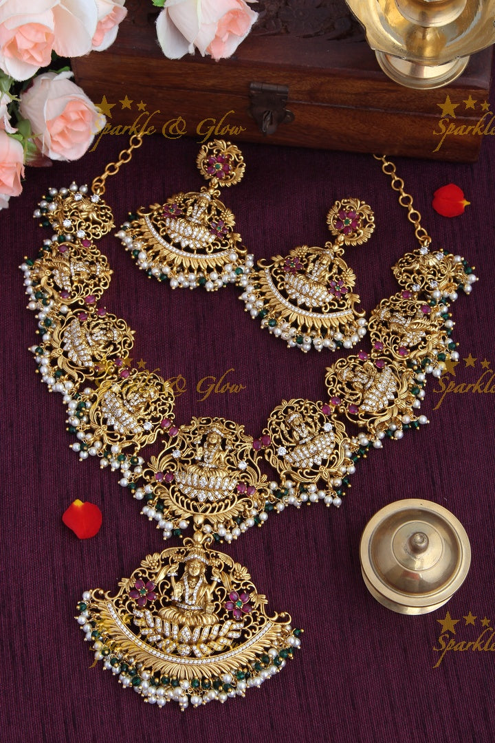 Gold Alike Elegant Lakshmi Gutta pusalu Short Necklace with Green and Pearl beads