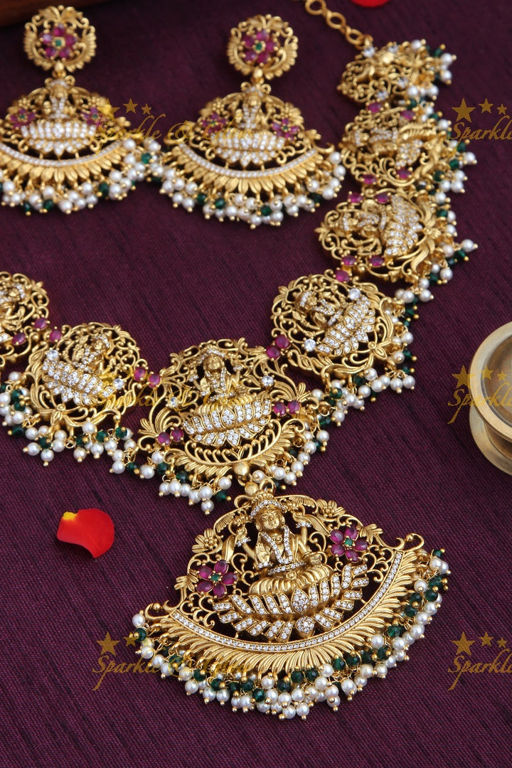 Gold Alike Elegant Lakshmi Gutta pusalu Short Necklace with Green and Pearl beads