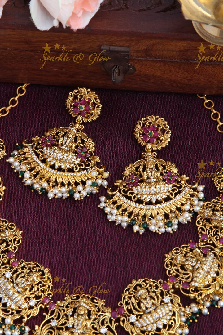 Gold Alike Elegant Lakshmi Gutta pusalu Short Necklace with Green and Pearl beads
