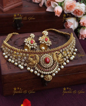 Coral & CZ Stone Peacock Choker in Gold Finish