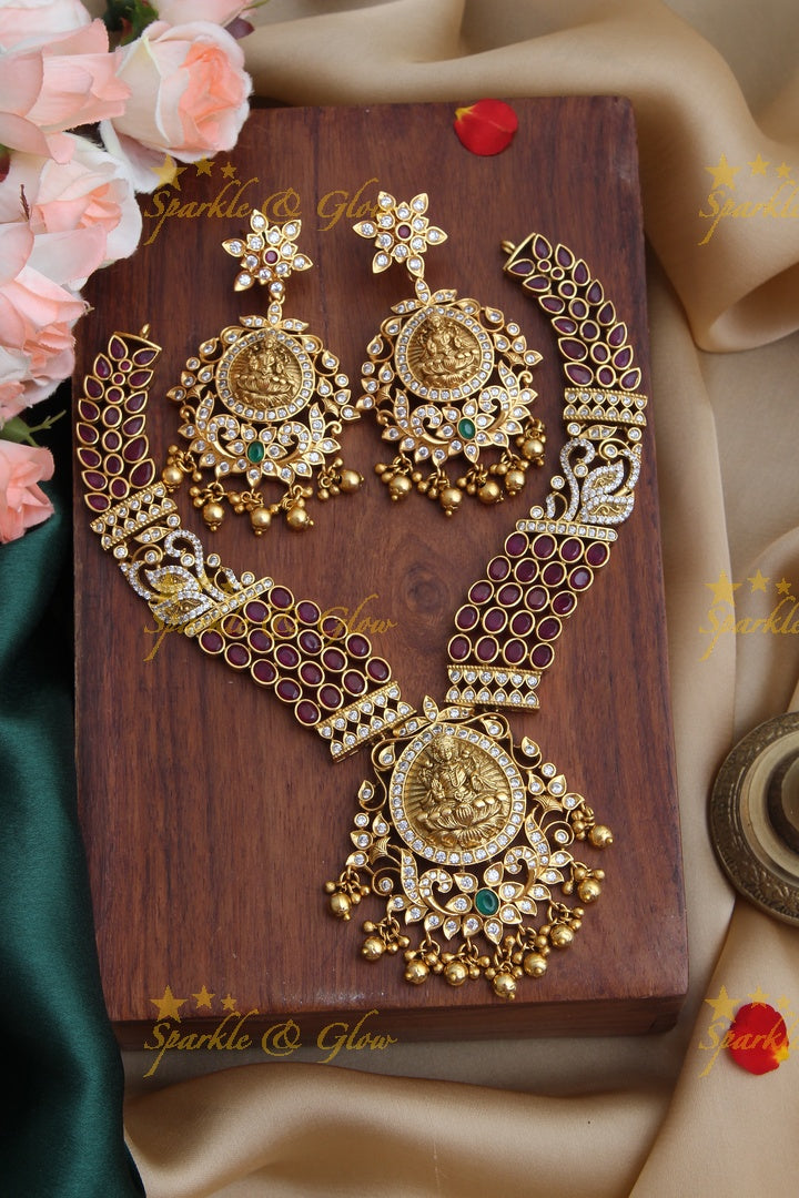 Gold Alike CZ Kemp Stone Lakshmi Short Necklace