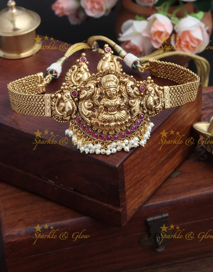 Lakshmi high neck choker with kemp stones - Multi Pearl - Sparkle and Glow