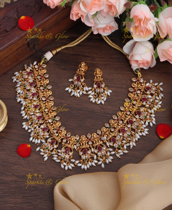Gold Alike Intricately Carved Lakshmi Kemp stone rice pearls Short Necklace