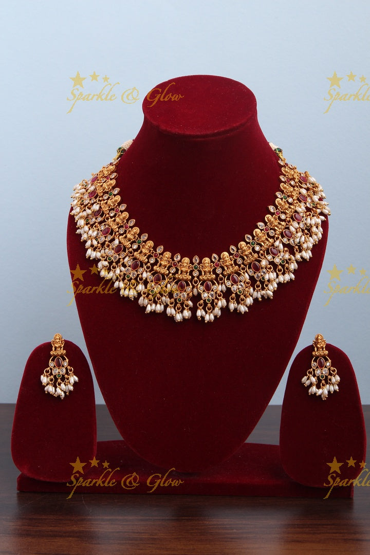 Gold Alike Intricately Carved Lakshmi Kemp stone rice pearls Short Necklace