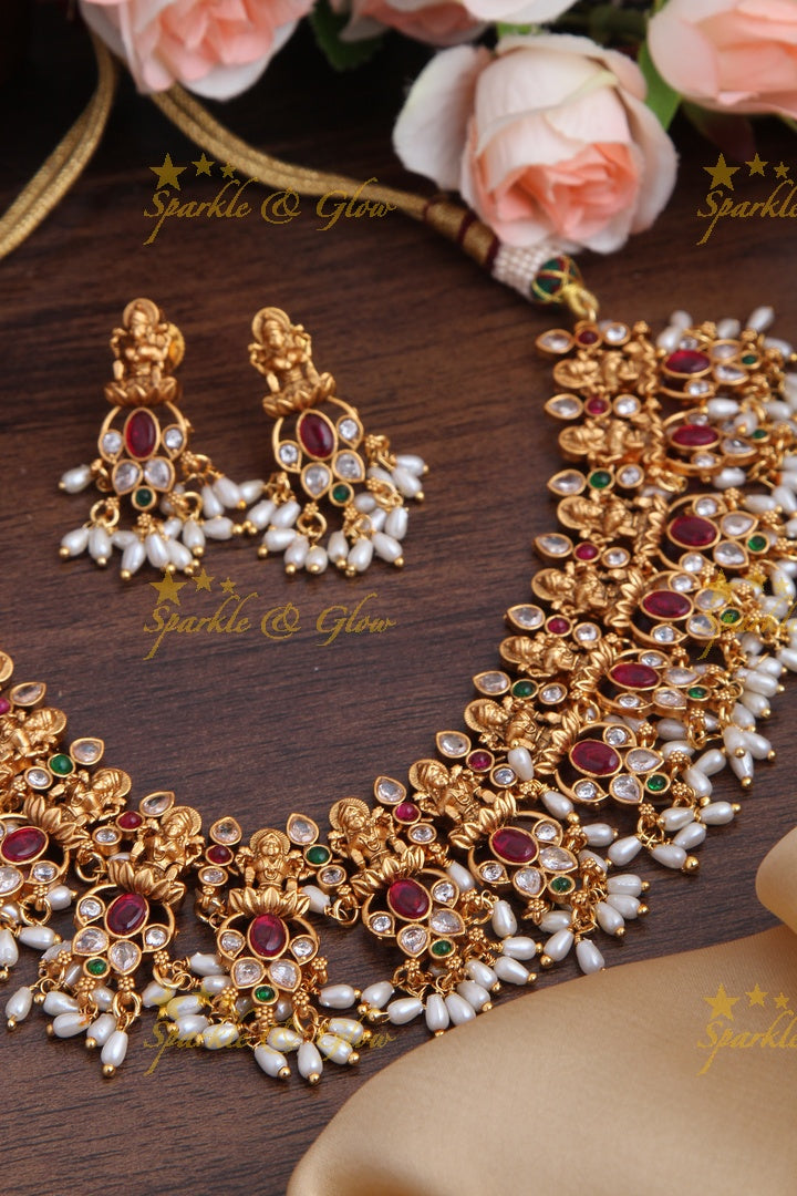 Gold Alike Intricately Carved Lakshmi Kemp stone rice pearls Short Necklace