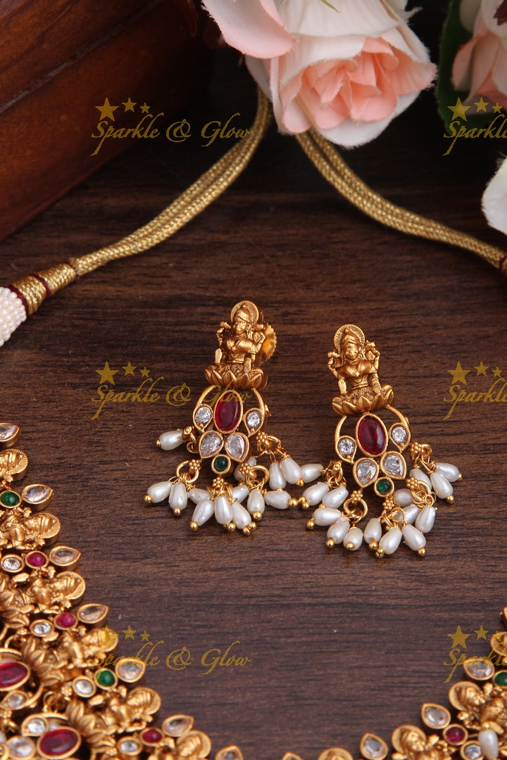 Gold Alike Intricately Carved Lakshmi Kemp stone rice pearls Short Necklace