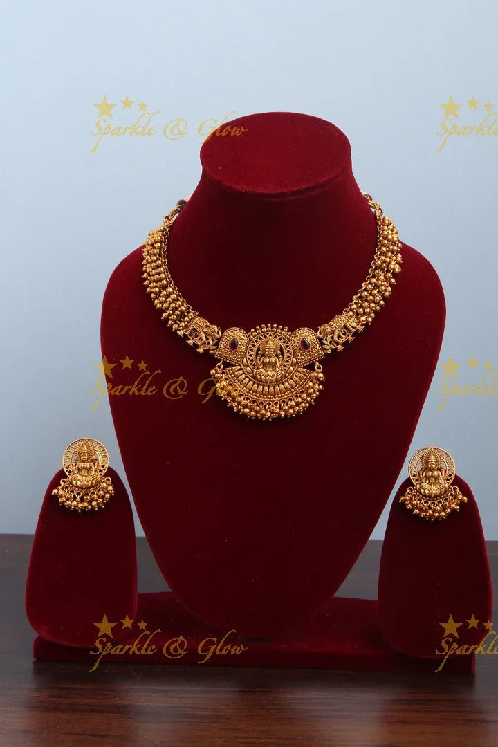 Gold Alike Elephant Intricately Carved Lakshmi pendent Kemp Stone Necklace with Gold beads - Sparkle and Glow