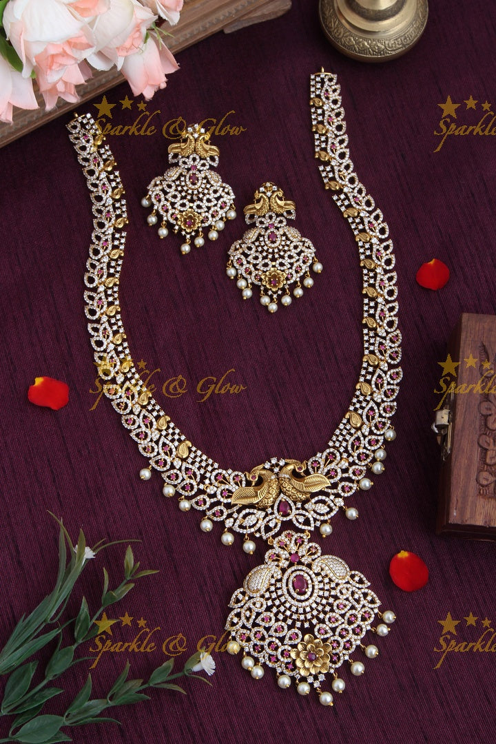 Gold Alike Antique American Diamond Peacock Mango Floral Long Necklace