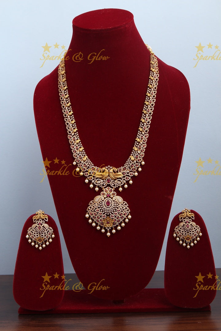Gold Alike Antique American Diamond Peacock Mango Floral Long Necklace